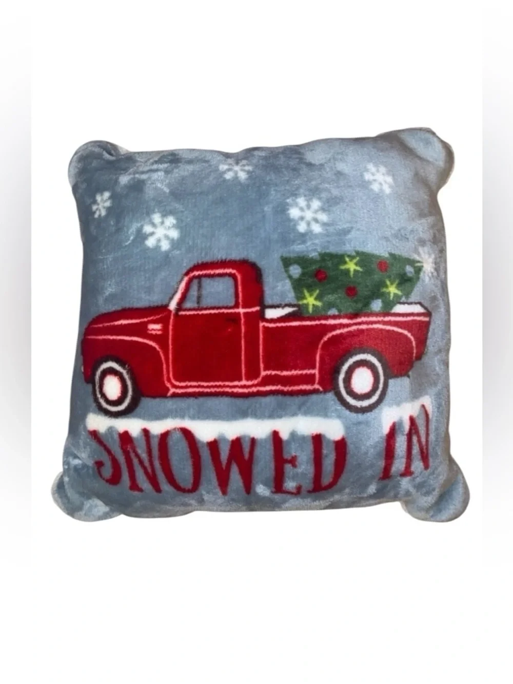 RED TRUCK PILLOW “Snowed In” with Christmas Tree Decorative Throw Pillow 14x14